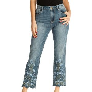 Driftwood Baby Blue Floral Embroidered Scalloped Edge Cigarette Jeans